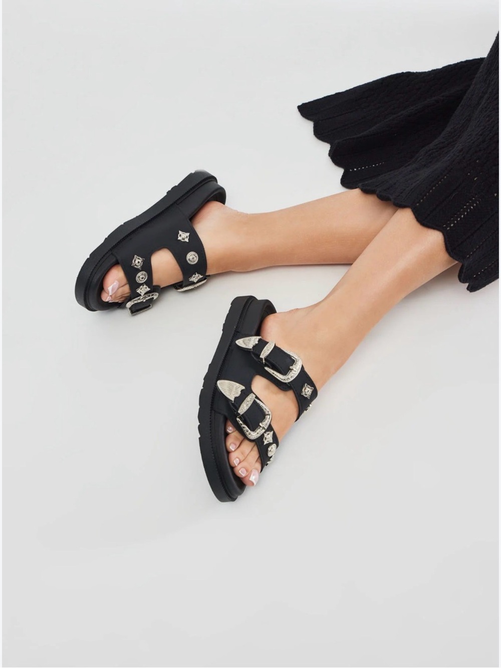 Black Buckle Embellished Slide Sandals